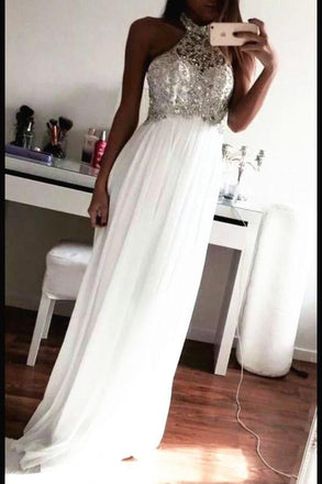 White Beading Halter Long Chiffon A-line Open Back Prom Dresses K727