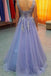Lavender Lace Up Backless V-neck Lace Beading Tulle Prom Dresses K718
