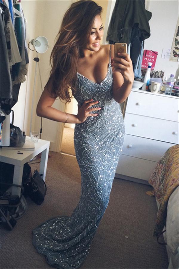 Spaghetti Straps Long Blue V-neck Sparkly Mermaid Prom Dresses For Teens K763