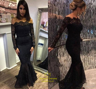 Mermaid Black Elegant Off the Shoulder Long Lace Long Sleeves Sexy Prom Dress DM141