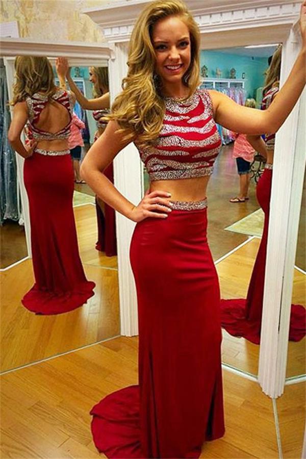 Red Beaded Two Pieces Mermaid Long Open Back Prom Dresses K733