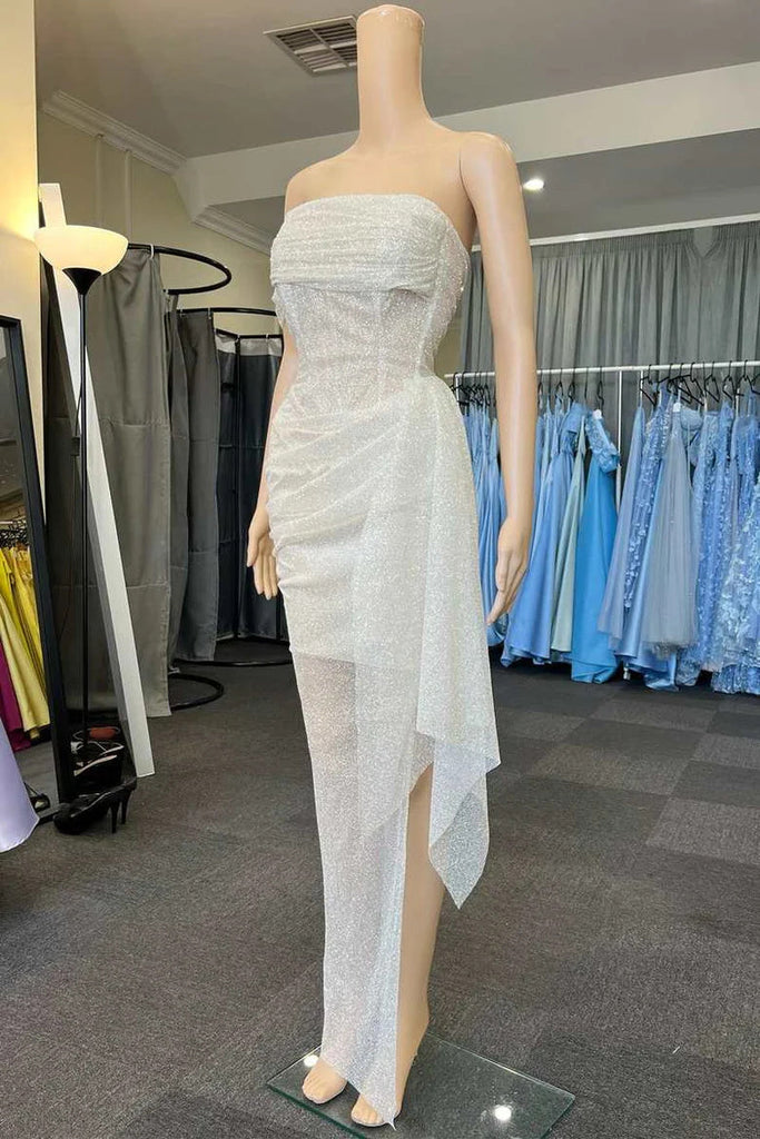 Off White Strapless Mermaid Long Prom Dress with Slit Formal Evening Dresses DM2016