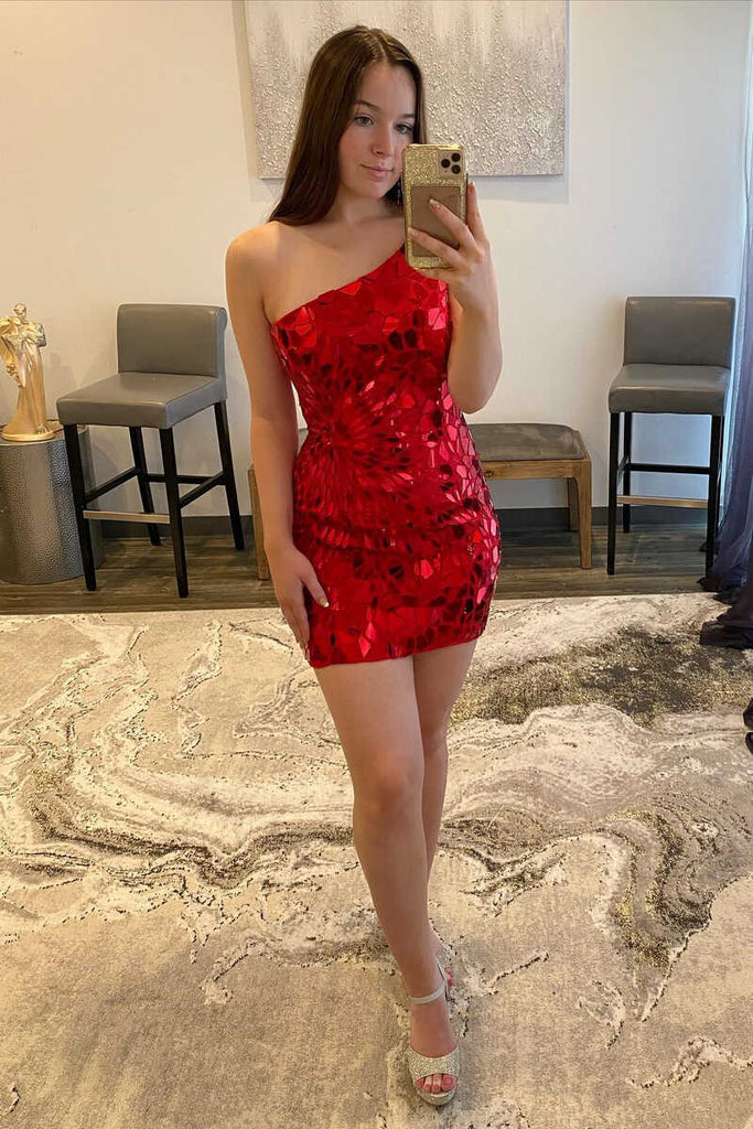 One-Shoulder Red Cut Glass Mirror Fitted Mini Homecoming Dresses Short Prom Dress DMHD22