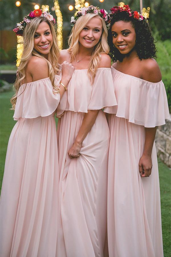 Simple Pink Off the Shoulder Pink Ruffles Long Bridesmaid Dresses DMA55