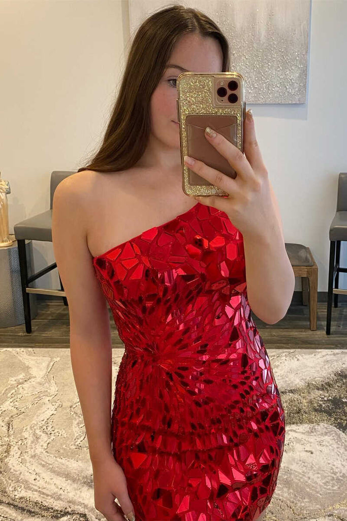 One-Shoulder Red Cut Glass Mirror Fitted Mini Homecoming Dresses Short Prom Dress DMHD22