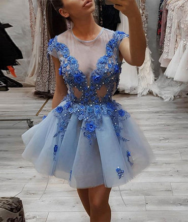 Blue Round Neck Lace Appliques Short Prom Dress, Blue Tulle Evening Dress DMP52
