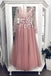 Pink A Line Tulle Long Sleeves Floor Length Prom Dress DMP75