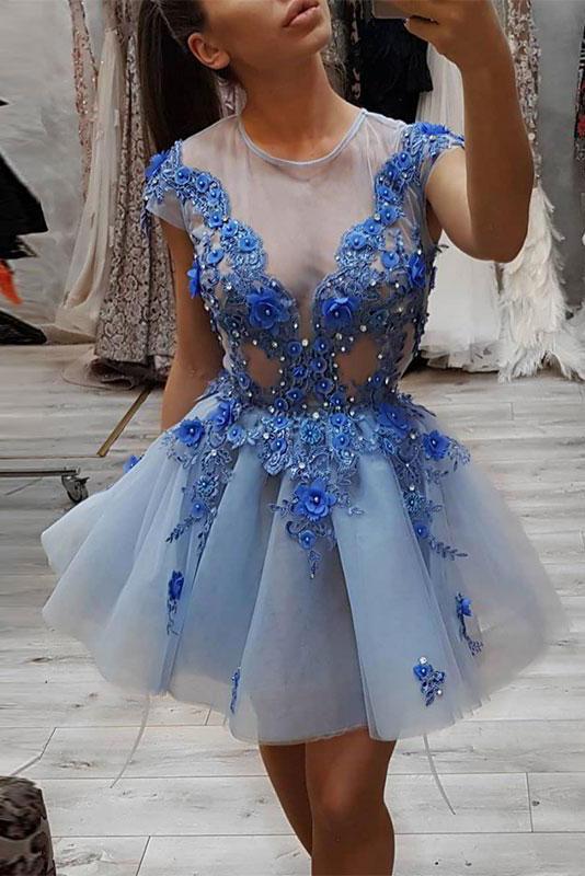 Blue Round Neck Lace Appliques Short Prom Dress, Blue Tulle Evening Dress DMP52