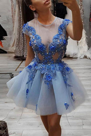 Blue Round Neck Lace Appliques Short Prom Dress, Blue Tulle Evening Dress DMP52