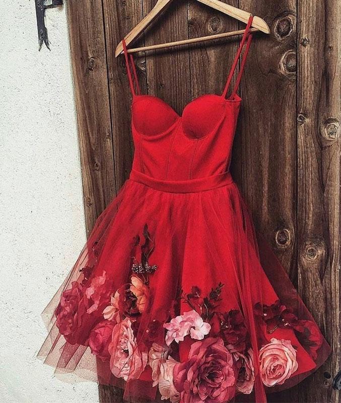 Burgundy Tulle Short Prom Dress, Spaghetti Straps Homecoming Dress With Flowers DML79