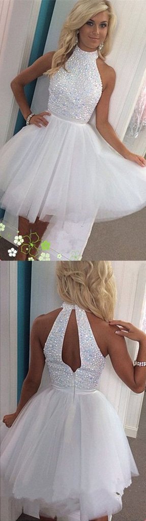 Halter A Line Sexy Open Back White Tulle Beaded Short Homecoming/Prom Dresses DM289