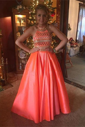 A-line Two Pieces Sleeveless Long Beaded Handmade Prom Dresses K704