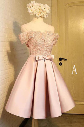 Off the Shoulder Short Prom Dress,A Line Appliques Bow-knot Homecoming Dress DMC85