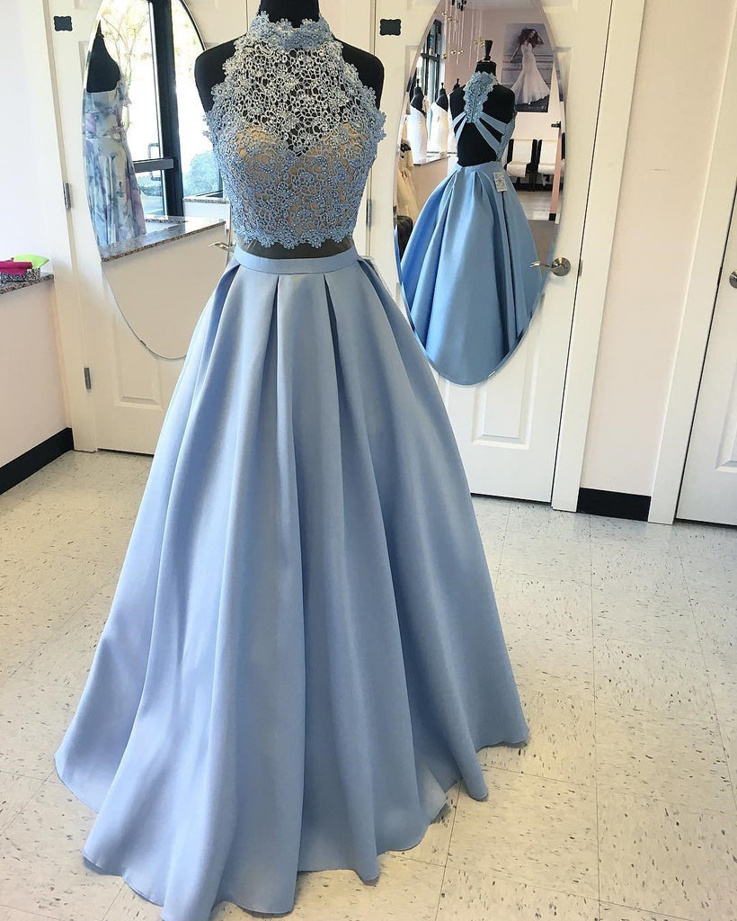 2 Piece Satin High Neck Prom Gown,Floor Length Prom Dress With Lace Top DMC76