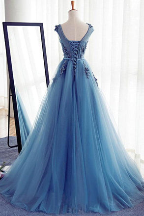 Charming Long Tulle Handmade A Line Blue Prom Gowns,Best Formal Women Dress DM243