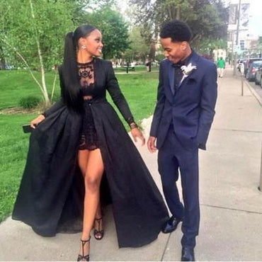 Vintage Long Sleeve Sexy Black A-Line Lace Satin Prom Dresses DME16