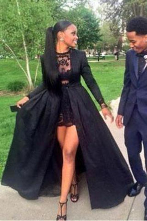 Vintage Long Sleeve Sexy Black A-Line Lace Satin Prom Dresses DME16