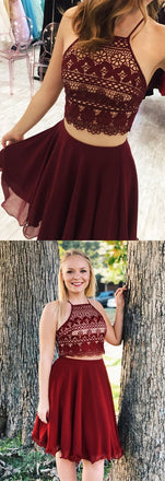 New Arrival Two Piece A Line Short Burgundy Chiffon Homecoming Dress DMB15