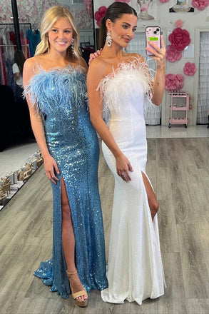 Sequin Feather Strapless Long Formal Evening Gown with Slit Prom Dress DM1892