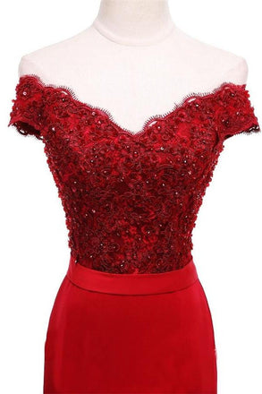 Burgundy Off Shoulder Long Mermaid Lace Beauty Prom Dresses K710
