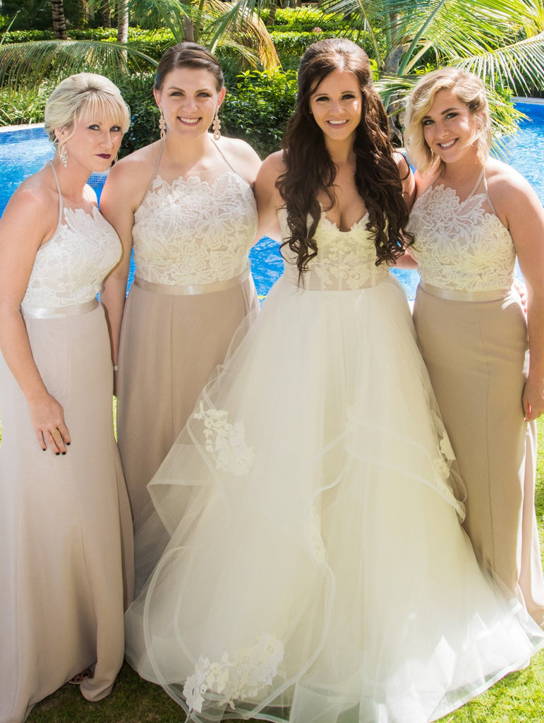 Elegant Halter A Line Long Bridesmaid Dress with Lace Appliques DMM99