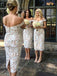 Elegant Off the Shoulder White Lace Tea Length Bridesmaid Dress DMN1