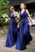 V-Neck  Long Royal Blue A Line Pleats Bridesmaid Dress DMM98