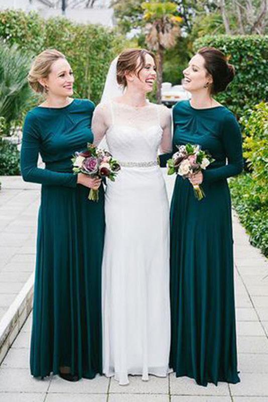 New Arrival Jewel Neck Long Sleeves Dark Green Bridesmaid Dress DMM97