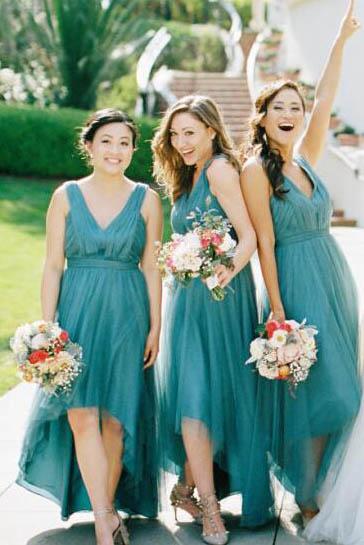 High-Low Teal V Neck A Line Bridesmaid Dress with Pleats DMM96