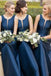 Simple A-Line Satin Navy Blue Bridesmaid Dress with Illusion V Inset DMN2