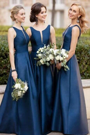 Simple A-Line Satin Navy Blue Bridesmaid Dress with Illusion V Inset DMN2