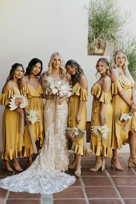 Elegant Cild Shoulder Tea Length Gold Bridesmaid Dress with Ruffles OKM92 Demodresses Elegant Cild Shoulder Tea Length Gold Bridesmaid Dress with Ruffles OKM92 Demodresses