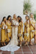 Elegant Cild Shoulder Tea Length Gold Bridesmaid Dress with Ruffles DMM92