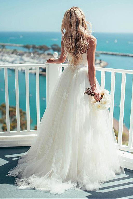Pretty Spaghetti Straps A-line Tulle Ivory Summer Beach Wedding Dress Demodresses Pretty Spaghetti Straps A-line Tulle Ivory Summer Beach Wedding Dress Demodresses