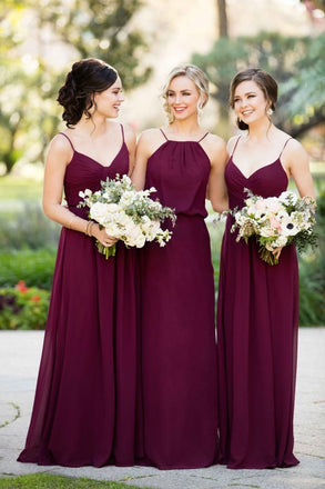 A Line Burgundy Chiffon Straps Long Bridesmaid Dresses DMG74