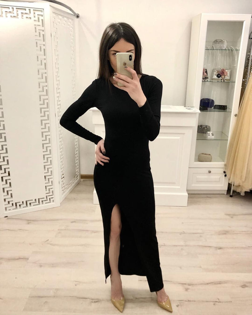 Sheath Long Sleeves Split Black Sexy Prom Dresses, Formal Evening Dresses DMI80