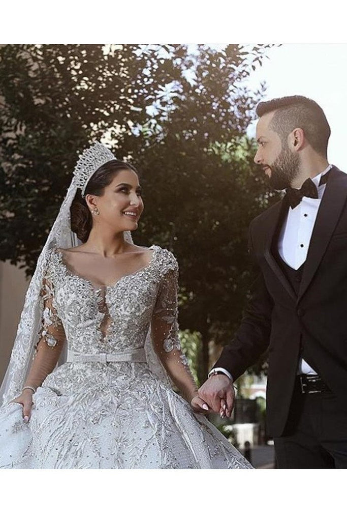 Princess Long Sleeves A Line Ball Gown Wedding Dresses With Applique DME70
