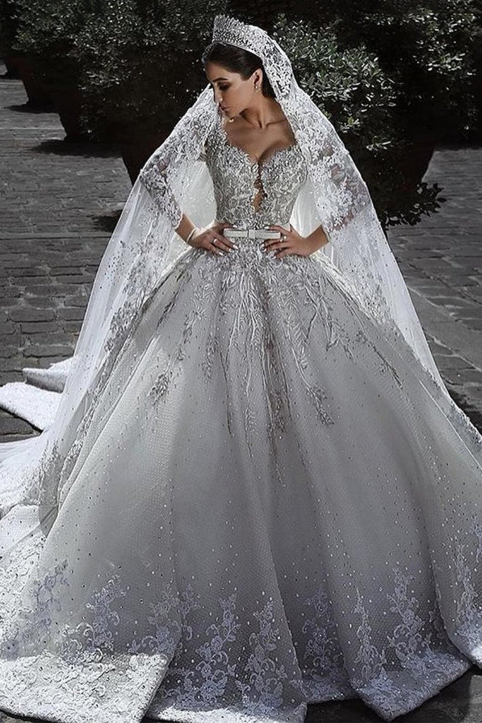 Princess Long Sleeves A Line Ball Gown Wedding Dresses With Applique DME70