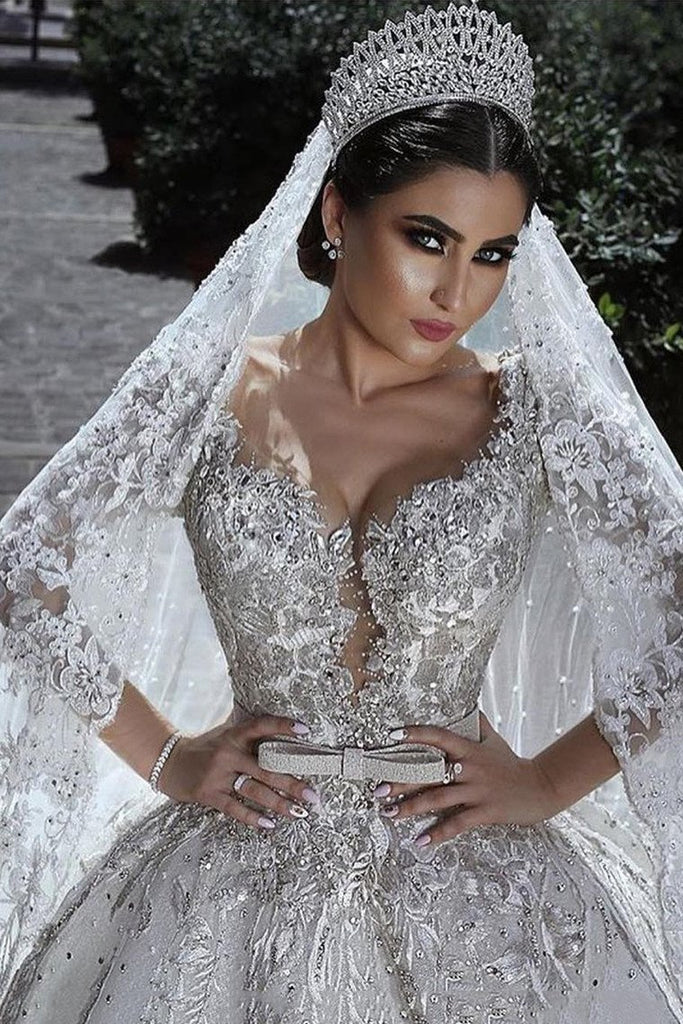 Princess Long Sleeves A Line Ball Gown Wedding Dresses With Applique DME70