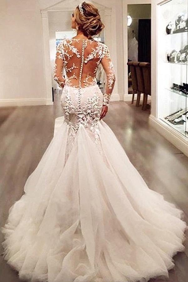 Long Sleeves Mermaid Tulle Sexy Long Ivory Wedding Dresses/Bridal Gown Demodresses Long Sleeves Mermaid Tulle Sexy Long Ivory Wedding Dresses/Bridal Gown Demodresses