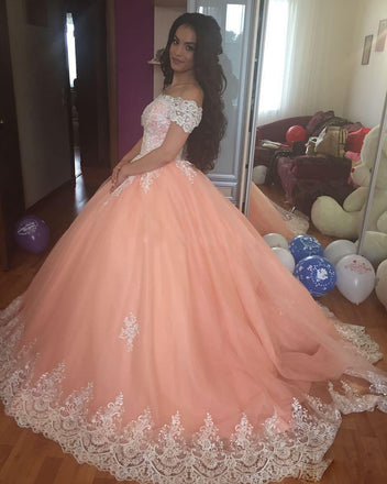 Off the Shoulder Lace Appliques Ball Gown Cheap Prom Dresses,Quinceanera Dresses DMH96
