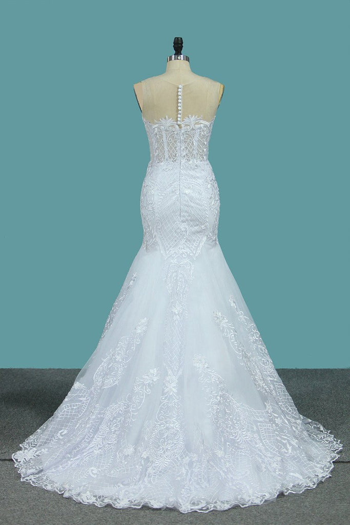 New Arrival Tulle Scoop Wedding Dresses Mermaid With Lace Applique DME77