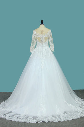 A Line 3/4 Sleeves Tulle Scoop Wedding Dresses With Applique DME73