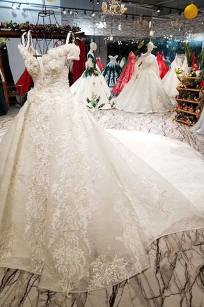 Romantic Off the Shoulder Lace Up Ball Gown Wedding Dresses DME68