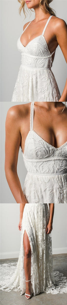 Charming Lace Long A-line Spaghetti Straps Split Ivory Beach Wedding Dress DM739