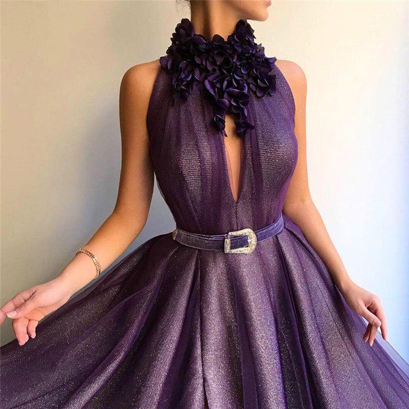 Purple Long A-line Split Cheap Prom Dresses With Flowers DMH56