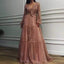 Sparkle V-neck Long Sleeves V-neck Pink Evening Prom Dresses with Ruffles DMH92