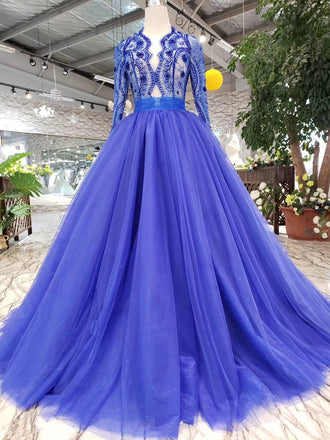 Royal Blue Tulle Long Sleeves Prom Dresses, Quinceanera Dresses DMK8