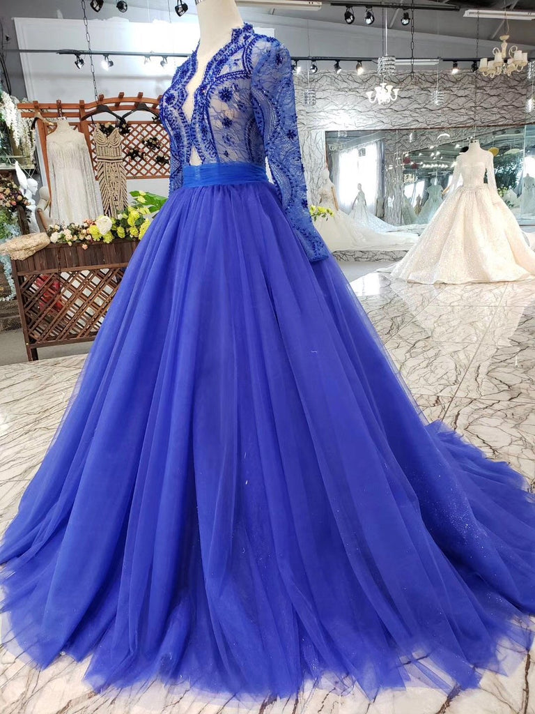 Royal Blue Tulle Long Sleeves Prom Dresses, Quinceanera Dresses DMK8
