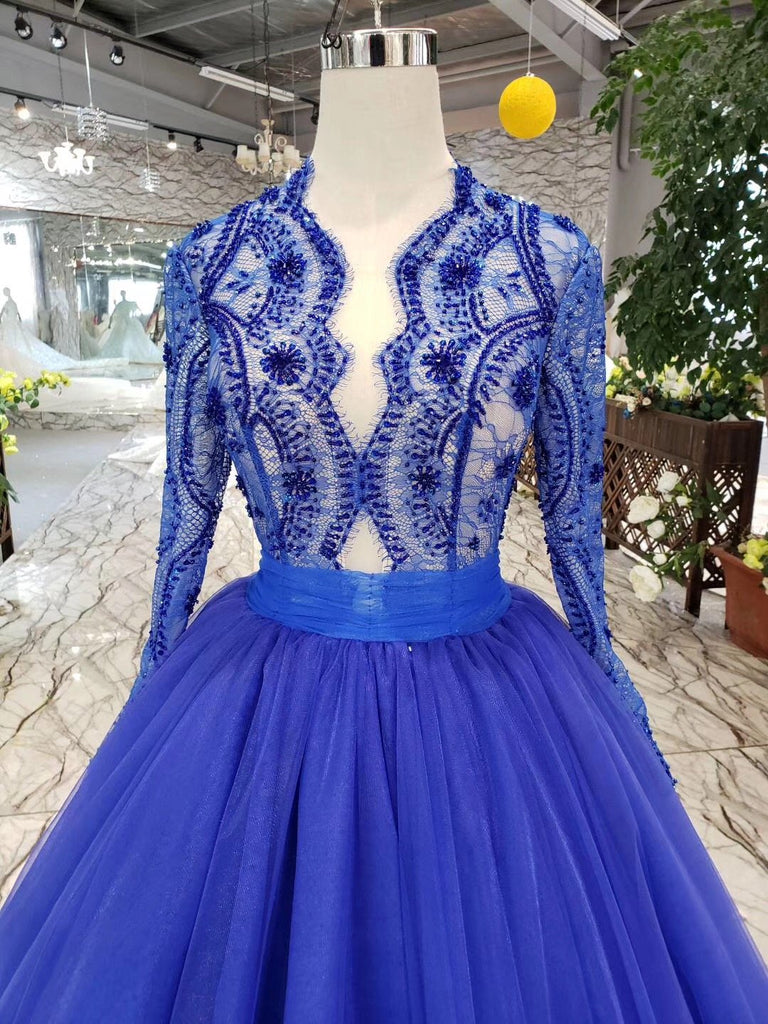 Royal Blue Tulle Long Sleeves Prom Dresses, Quinceanera Dresses DMK8